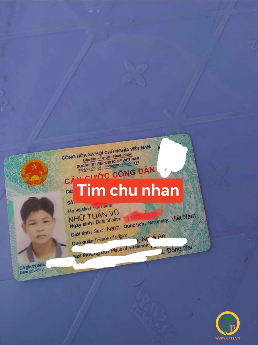 Biên Hoà: Nhặt được ví giấy tờ của bạn Nhữ Tuấn Vũ
