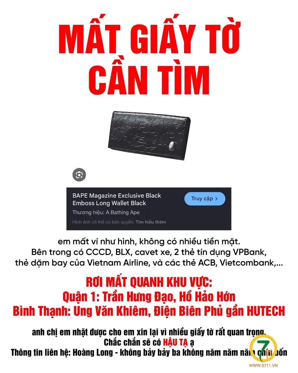 🆘 Rơi ví giấy tờ ở TPHCM tên Lê Hoàng Long 2000