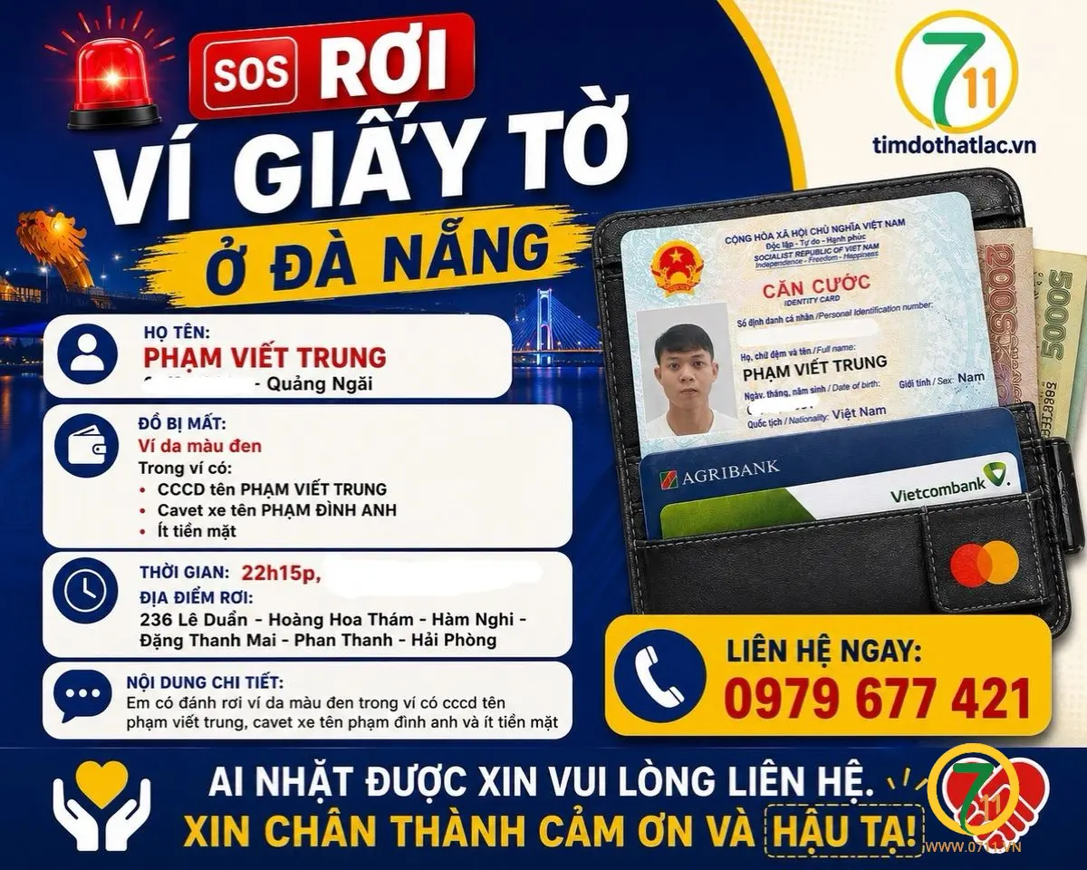 ‼️Đà Nẵng: Tìm ví giấy tờ tên Phạm Viết Trung