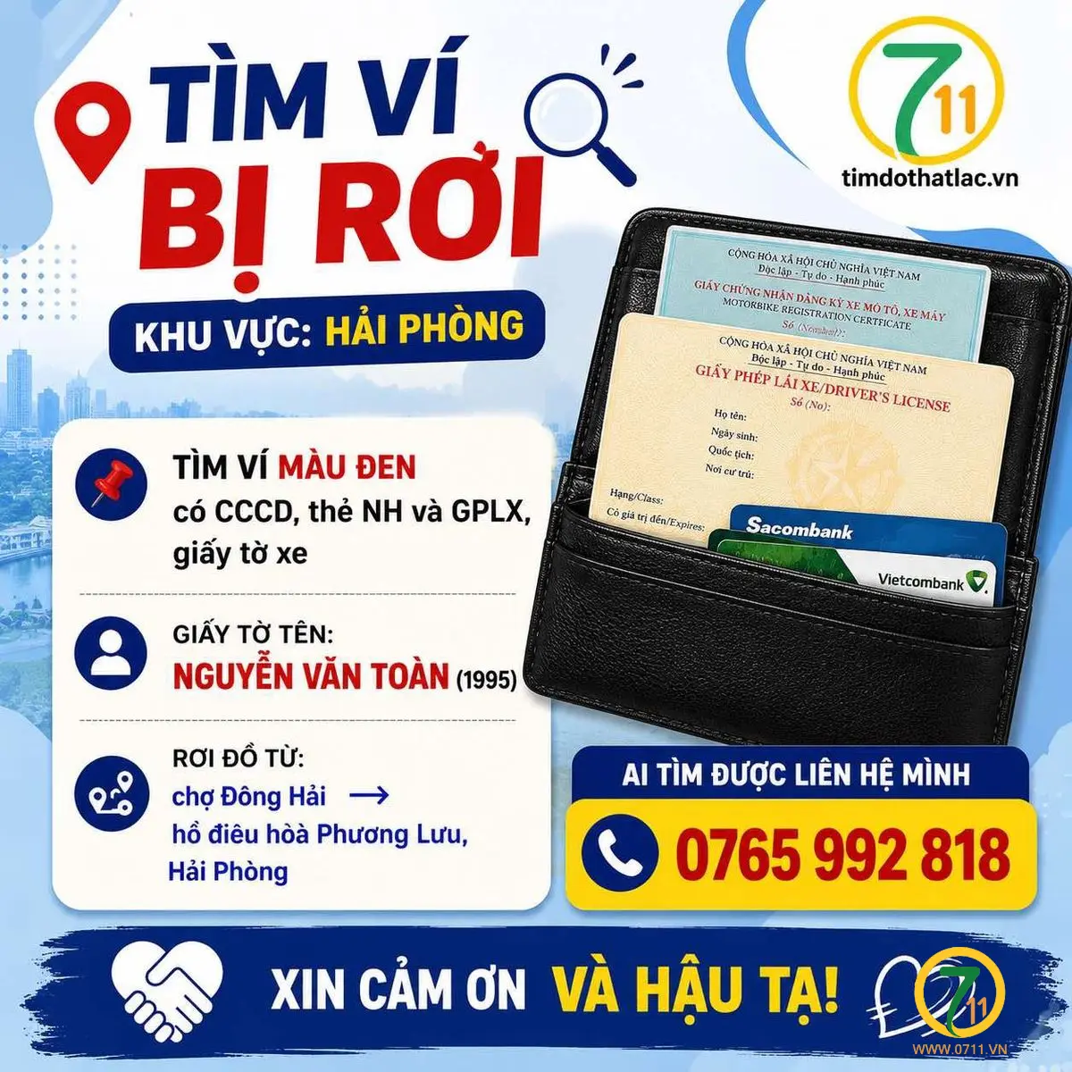 📌 Tìm ví màu đen tên Nguyễn Văn Toàn (1995) rơi đồ ở, Hải Phòng