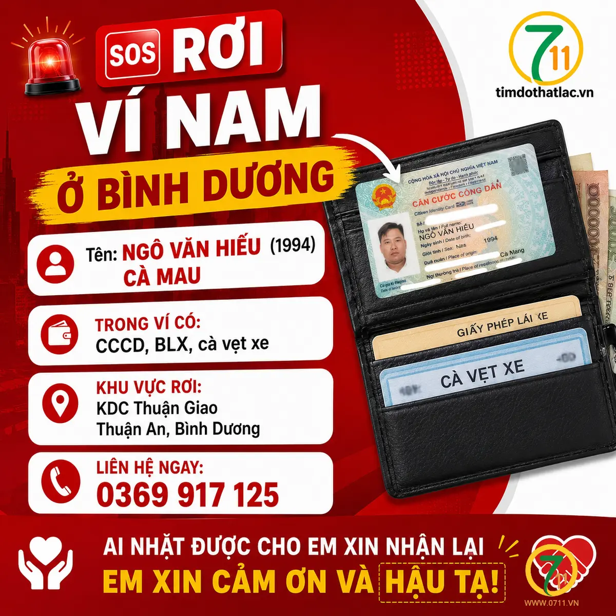 🆘 Rơi cái bóp da nam màu đen ở Bình Dương tên Ngô Văn Hiếu 1994 cà mau