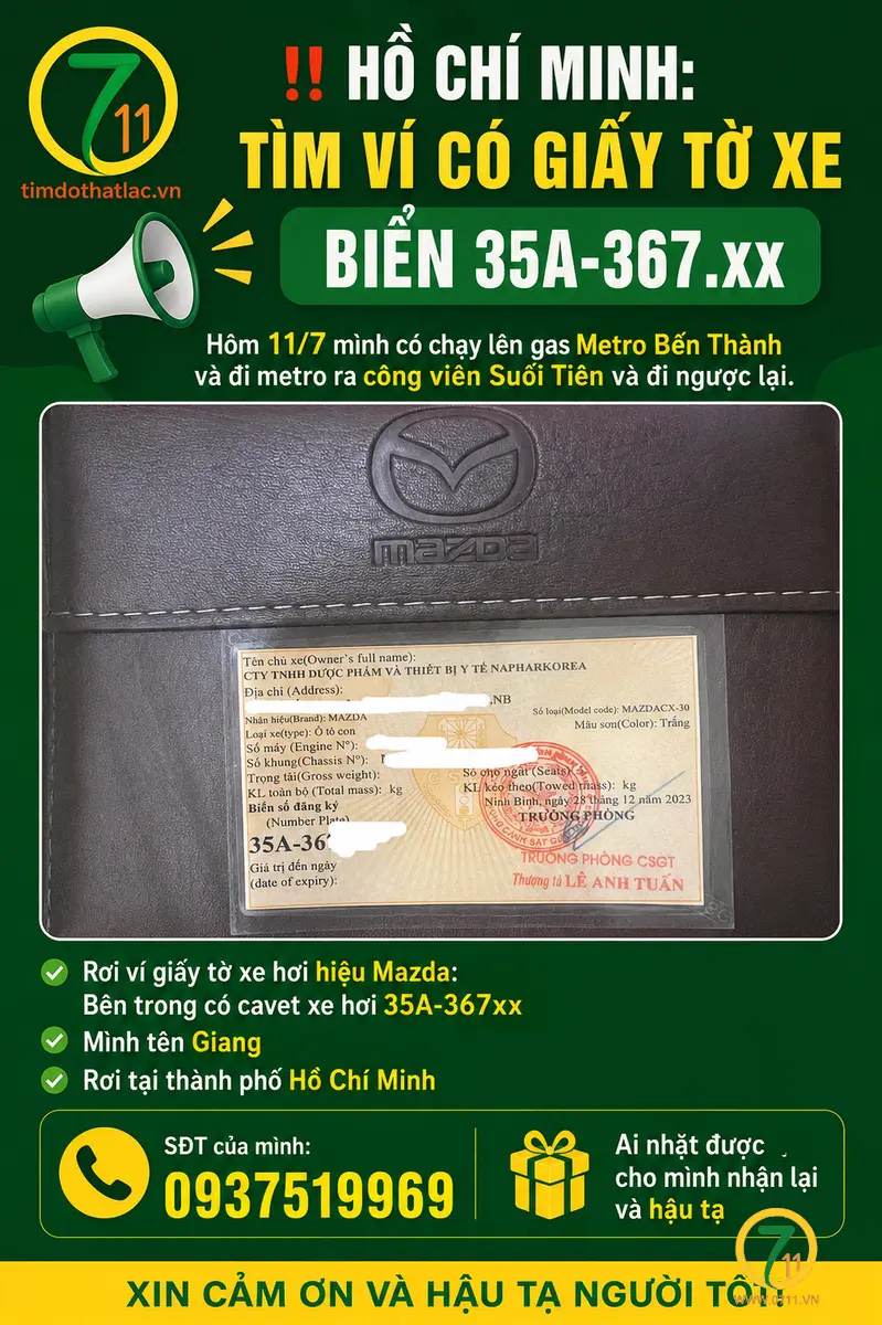 ‼️Hồ Chí Minh: Tìm ví có giấy tờ xe biển 35A-367.xx