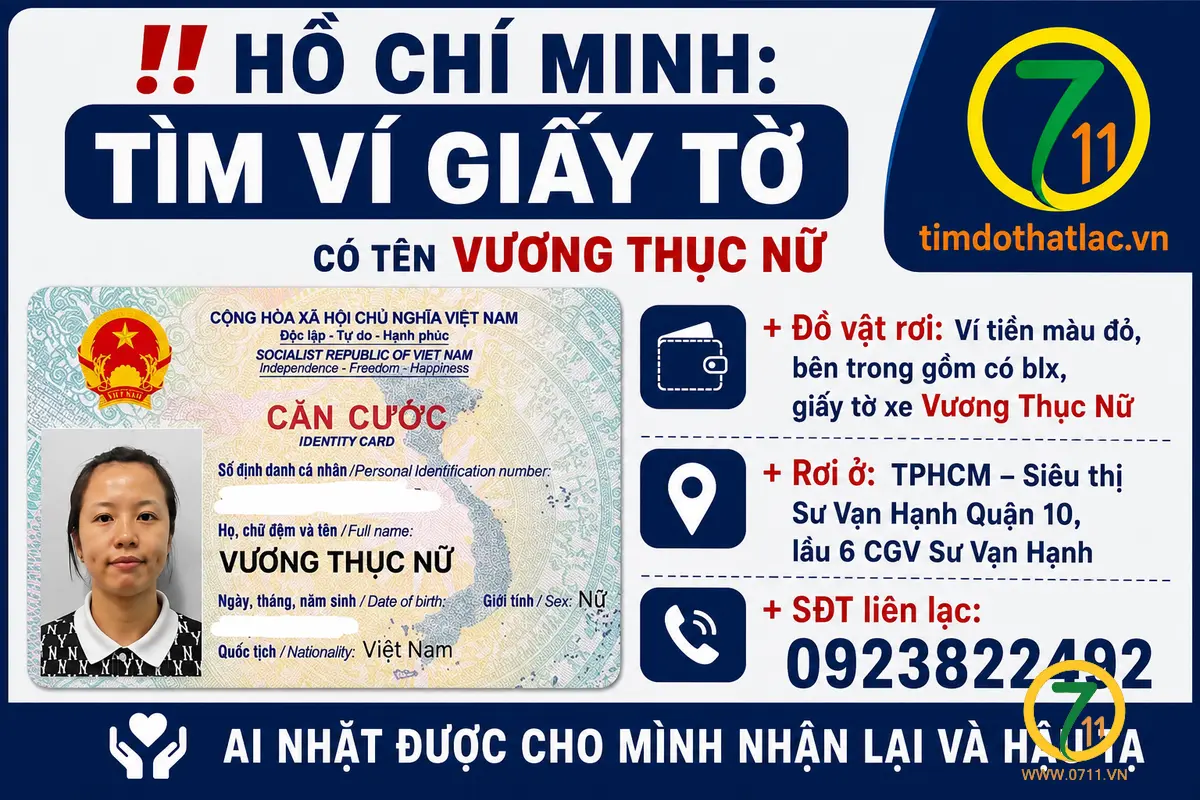 ‼️Hồ Chí Minh: Tìm ví giấy tờ có tên Vương Thục Nữ