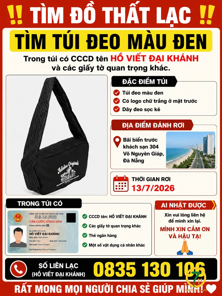 Rơi túi màu đen ở Đà Nẵng tên Hồ Viết Đại Khánh