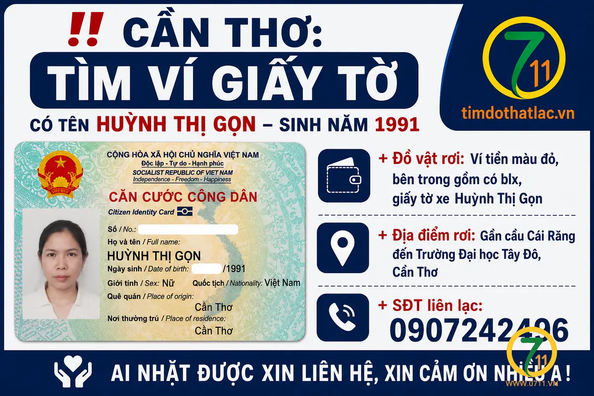 📌Rơi ví giấy tờ ở Cần Thơ tên Huỳnh Thị Gọn 1991