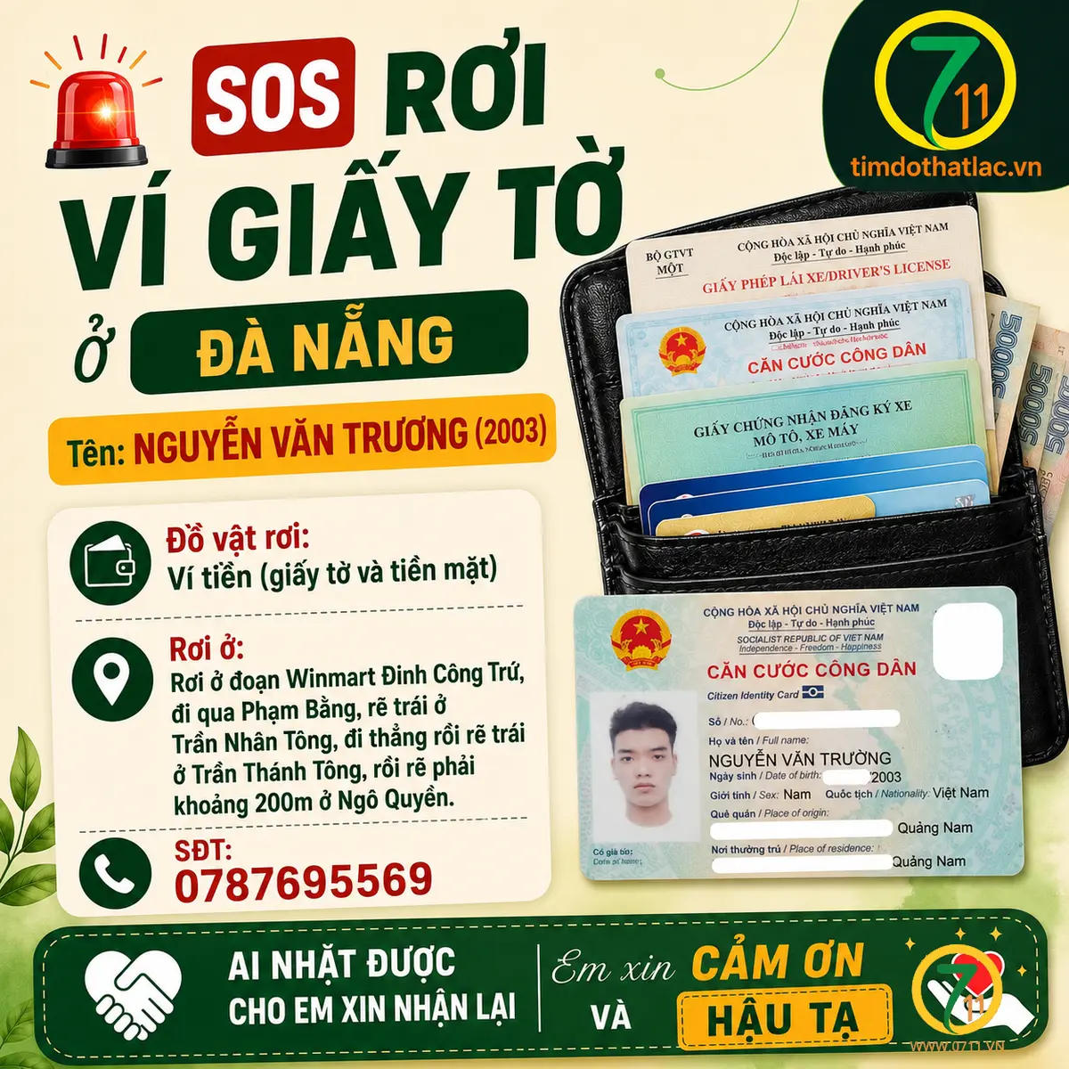 🆘 Rơi ví giấy tờ ở Đà Nẵng tên Nguyễn Văn Trường, 2003