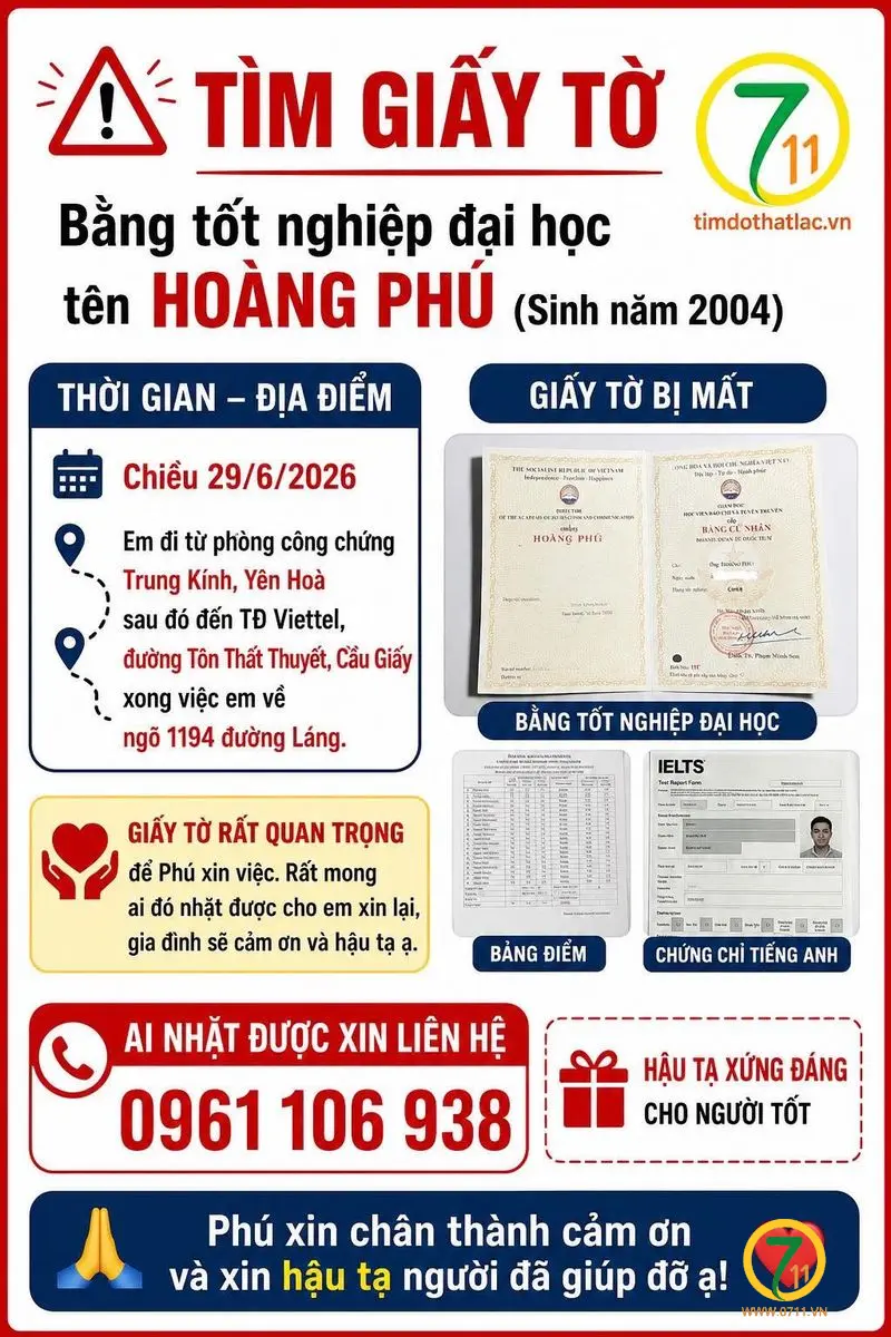 🆘 TÌM GIẤY TỜ ( Bằng tốt nghiệp đại học ) tên Hoàng Phú 2004