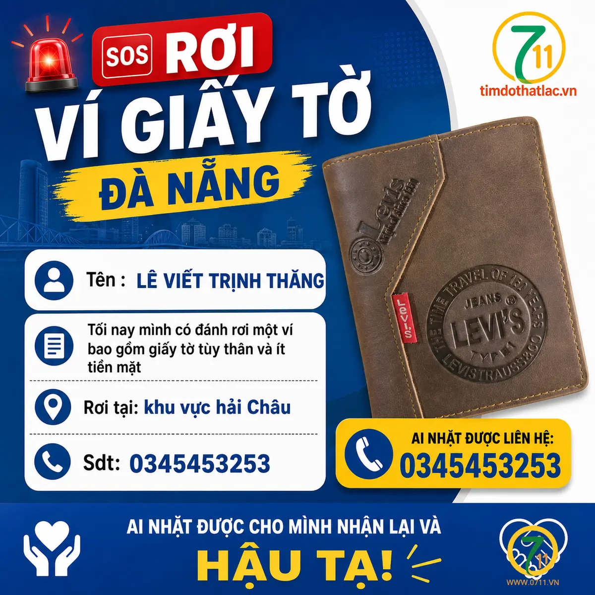 ‼️Đà Nẵng: Tìm ví giấy tờ có tên Lê Viết Trịnh Thắng
