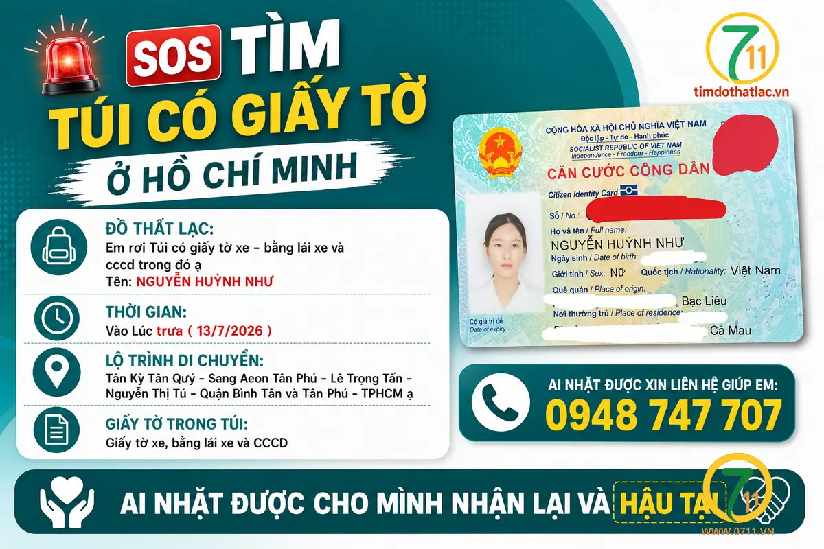‼️Hồ Chí Minh: Tìm túi có giấy tờ có tên Nguyễn Huỳnh Như