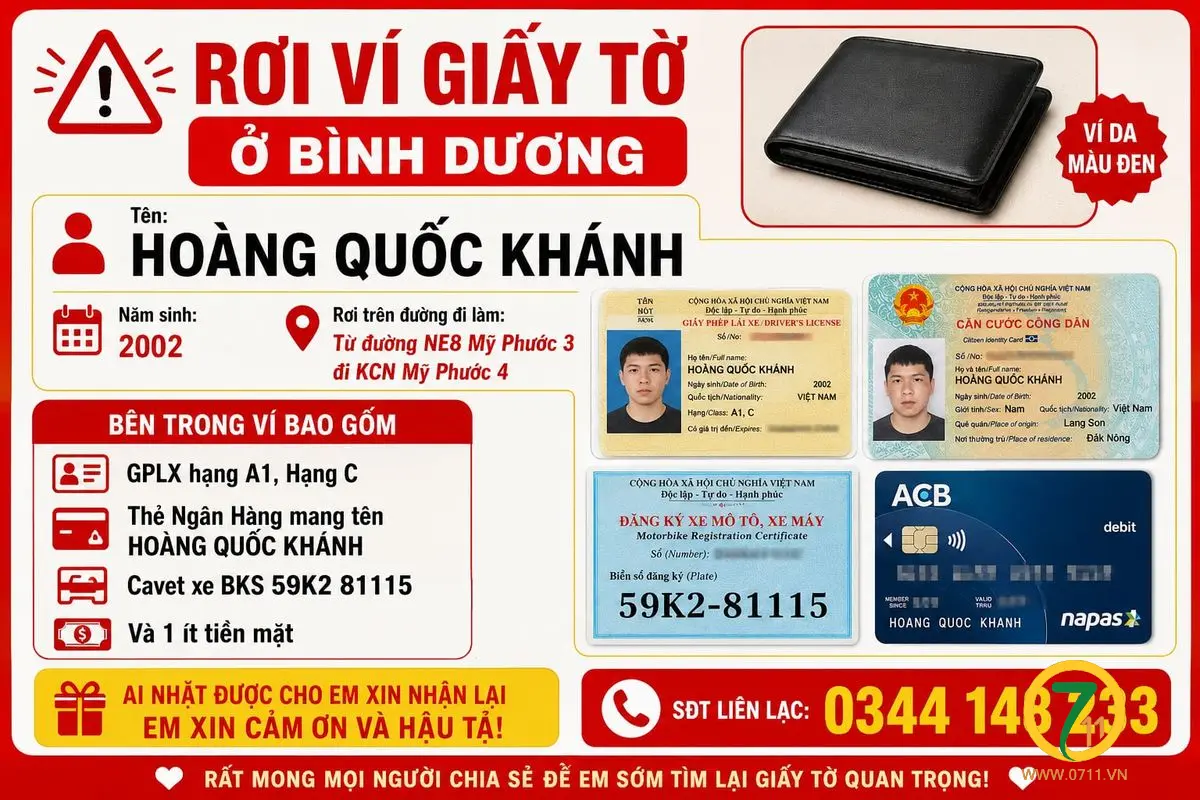 🆘 Rơi ví giấy tờ ở Bình Dương tên Hoàng Quốc Khánh