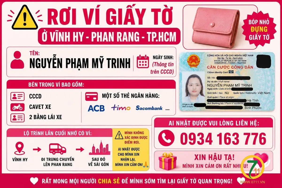 🆘 Rơi ví giấy tờ ở Vĩnh Hy - Phan Rang - TpHCM tên Nguyễn Phạm Mỹ Trinh