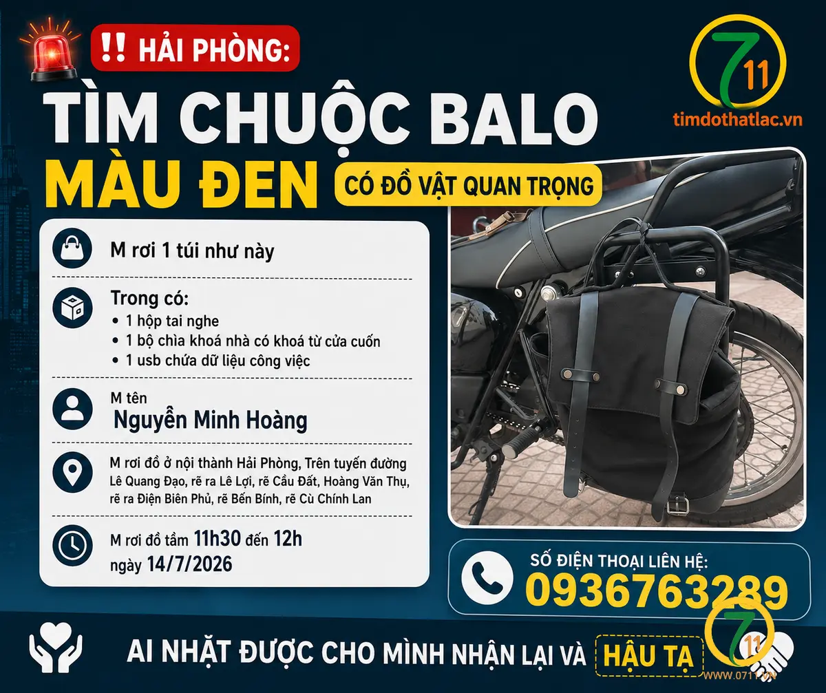 ‼️Hải Phòng: Tìm chuộc balo màu đen có đồ vật quan trọng