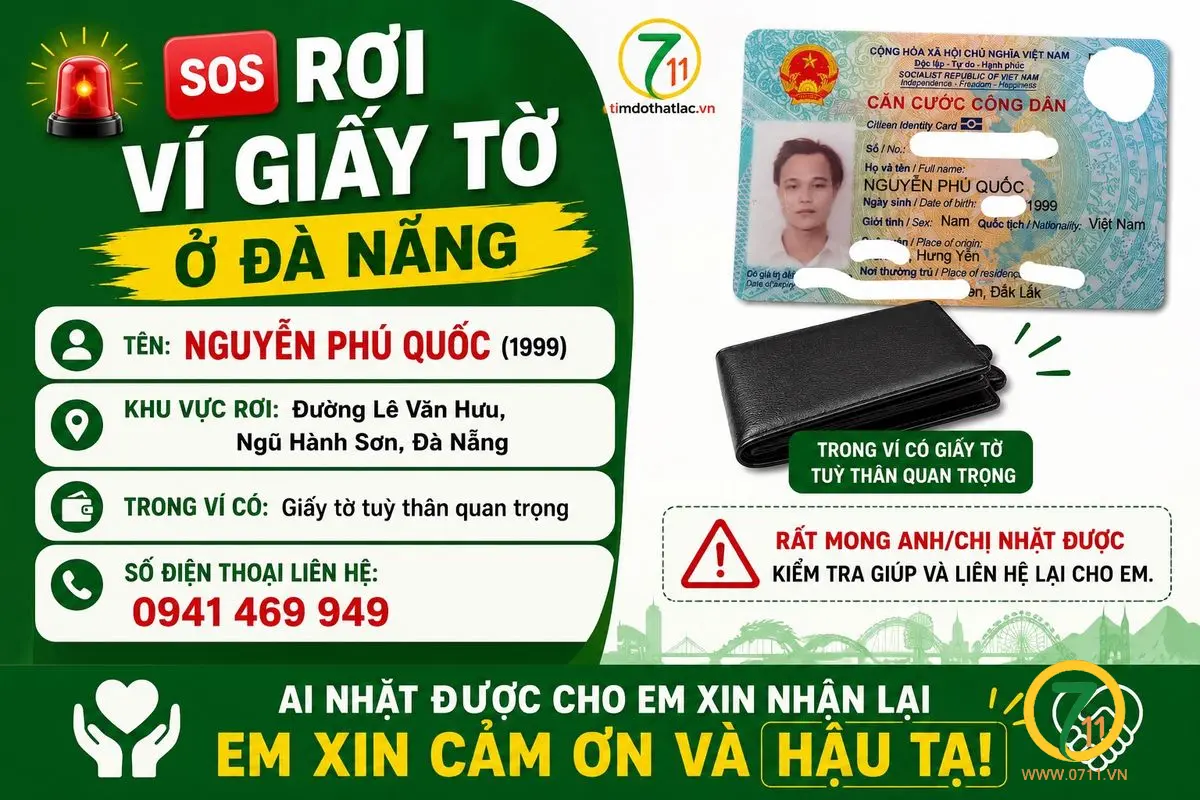 🆘 Rơi ví giấy tờ ở Đà Nẵng tên Nguyễn phú quốc 1999 ,đắk lắk