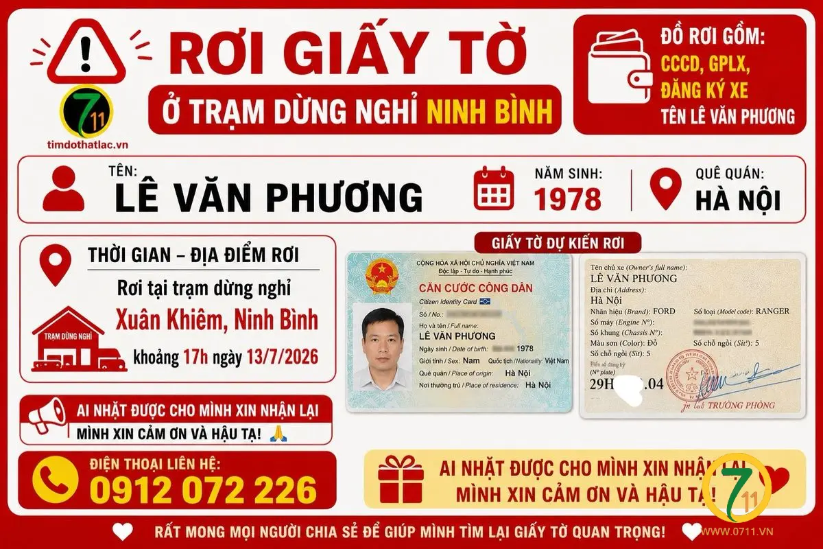 🆘 RƠI giấy tờ ở trạm dừng nghỉ Ninh Bình tên Lê Văn Phương 1978 Hà Nội