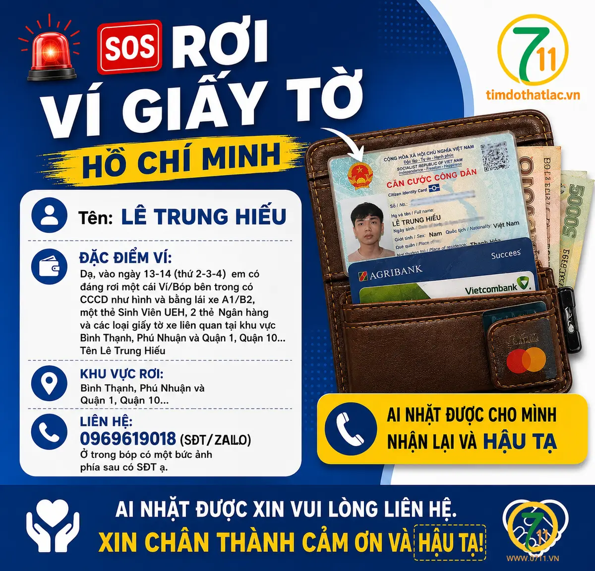 ‼️Hồ Chí Minh: Tìm ví giấy tờ có tên Lê Trung Hiếu