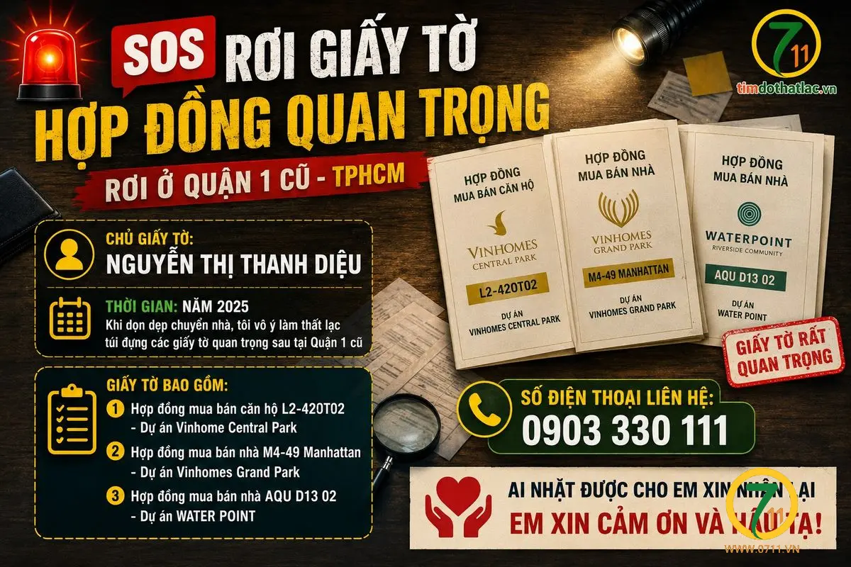🆘 RƠI GIẤY TỜ ( HỢP ĐỒNG MUA BÁN CĂN HỘ ) tên là Nguyễn Thị Thanh Diệu