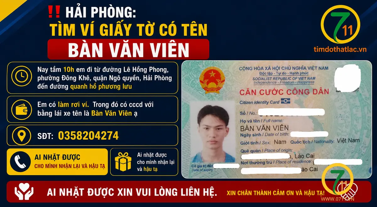 ‼️Hải Phòng: Tìm ví giấy tờ có tên Bàn Văn Viên