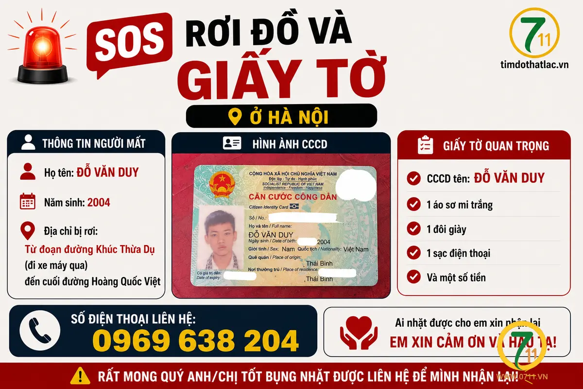 🆘 Rơi đồ và giấy tờ ở Hà Nội tên Đỗ Văn Duy