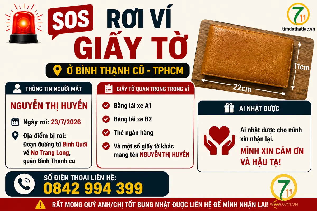 🆘Rơi ví giấy tờ ở Bình Thanhh cũ - TPHCM tên Nguyễn Thị Huyền