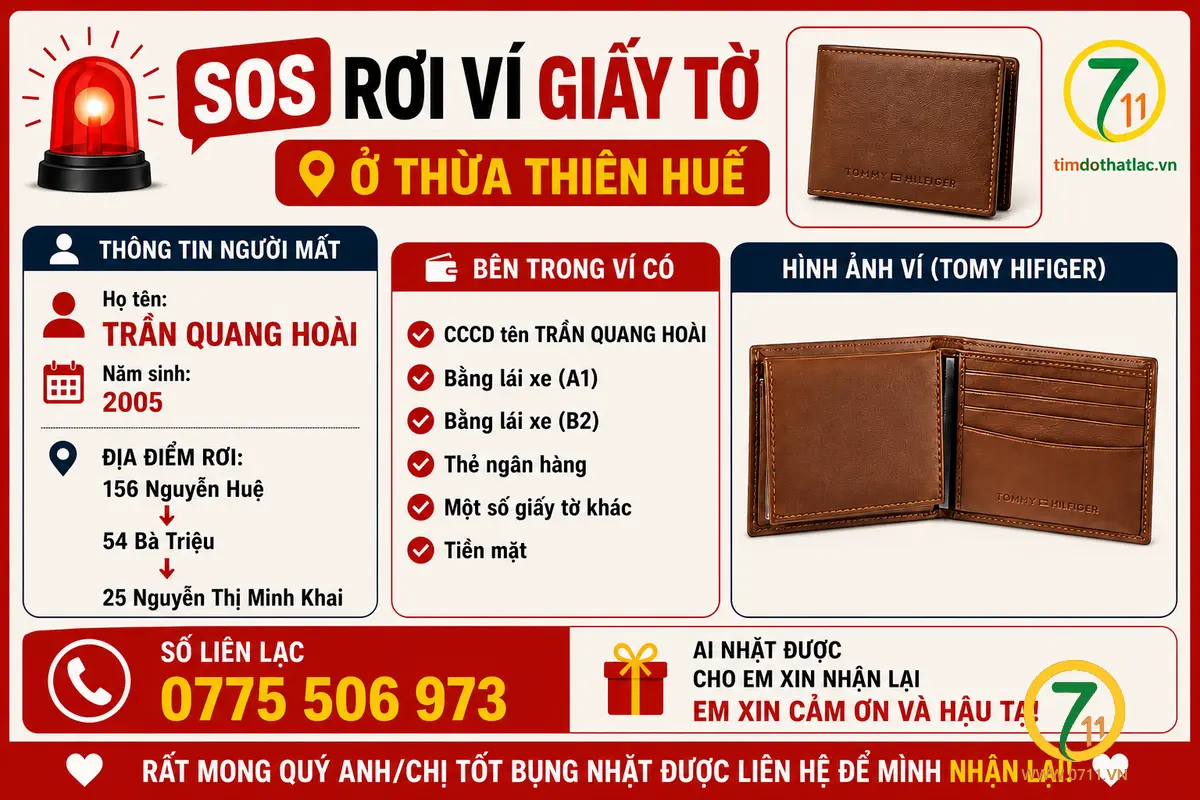 🆘 Rơi ví giấy tờ ở Thừa Thiên Huế tên Trần Quang Hoài 2005