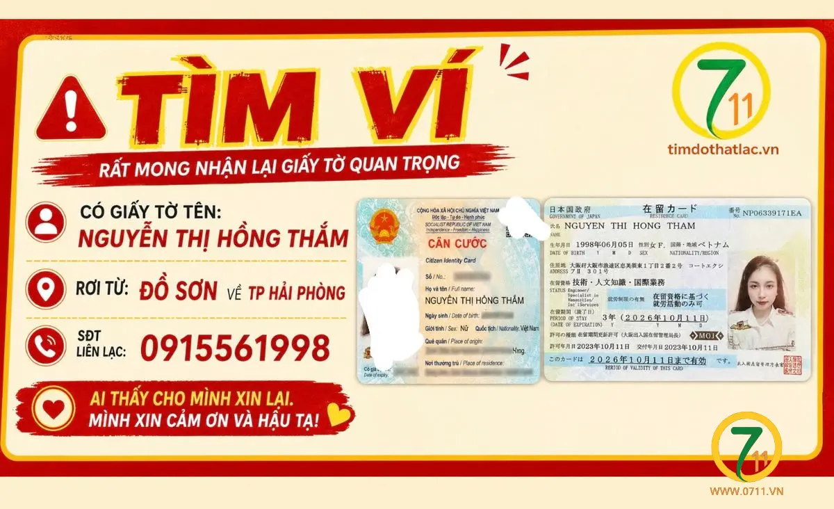 Rơi ví ở Hải Phòng tên Nguyễn Thị Hồng Thắm