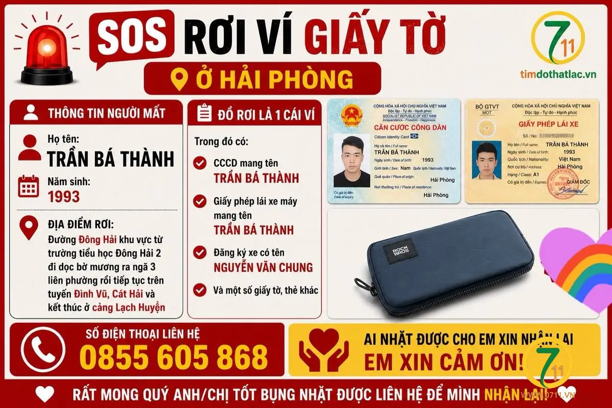 🆘 Rơi ví giấy tờ ở Hải Phòng tên Trần Bá Thành 1993