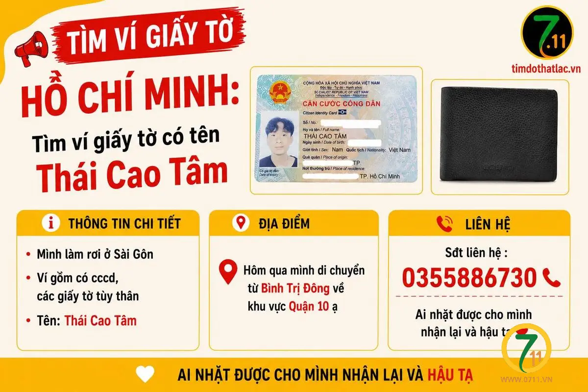 ‼️Hồ Chí Minh: Tìm ví giấy tờ có tên Thái Cao Tâm