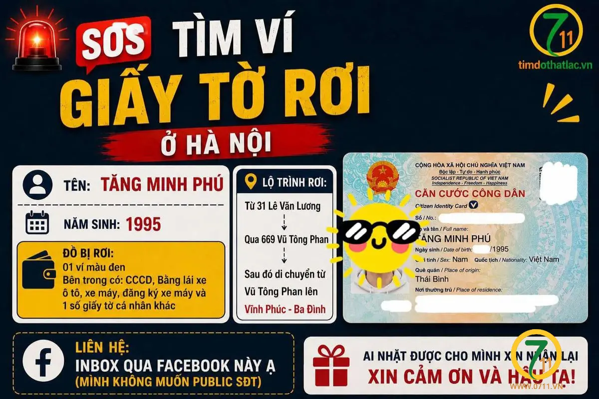 ‼️ Tìm ví giấy tờ rơi ở Hà Nội tên Tăng Minh Phú 1995 quê Thái Bình