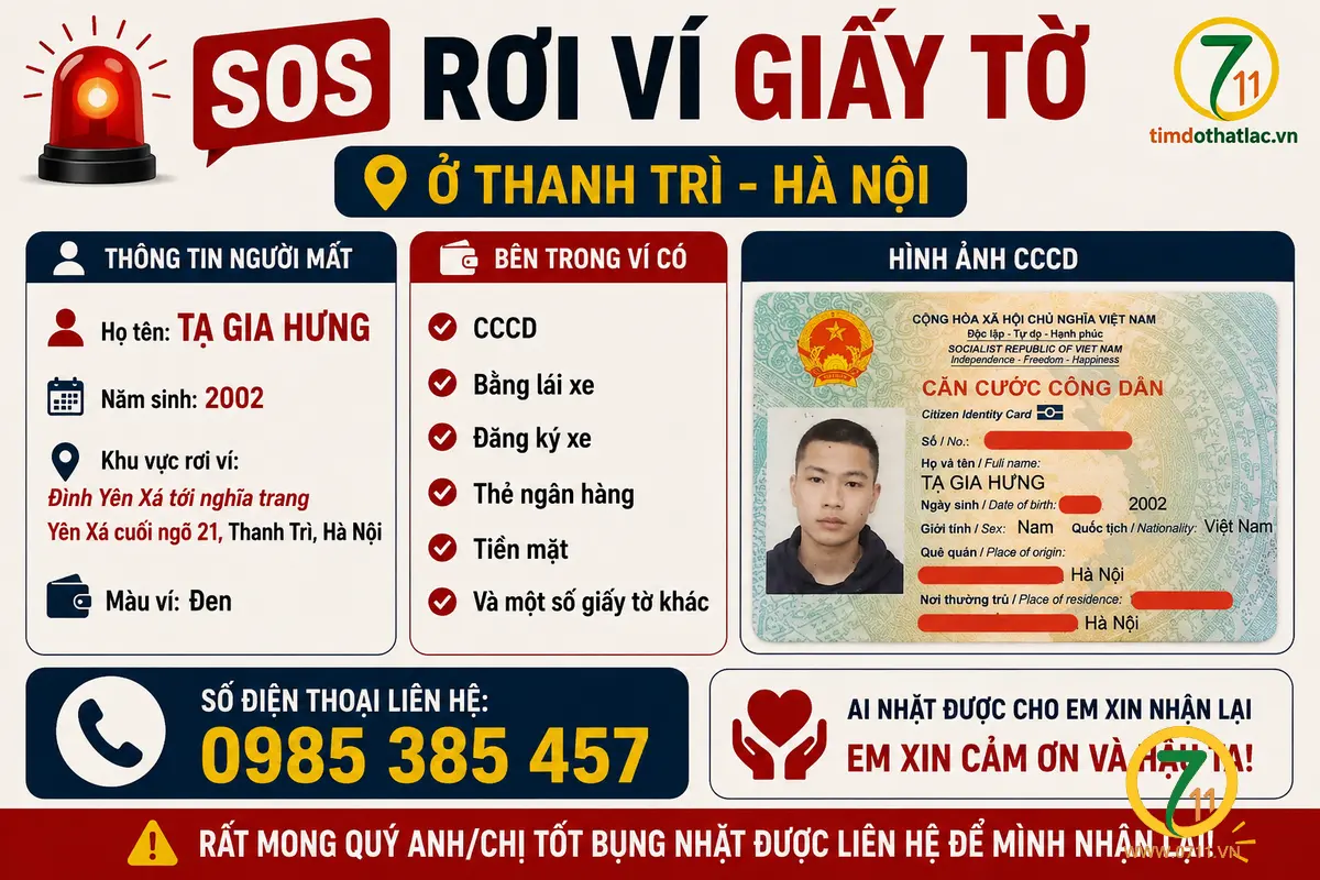 🆘 Rơi ví giấy tờ ở Thanh Trì - Hà Nội tên Tạ Gia Hưng 2002