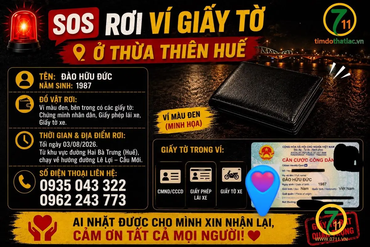 🆘 Rơi ví giấy tờ ở Thừa Thiên Huế tên Đào Hữu Đức 1987