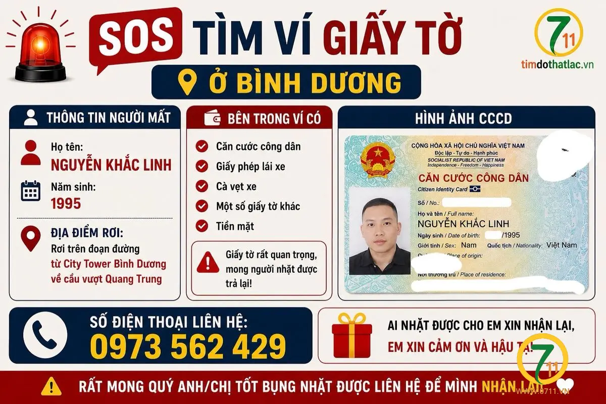 🆘 TÌM VÍ GIẤY TỜ RƠI Ở BÌNH DƯƠNG tên Nguyễn Khắc Linh 1995