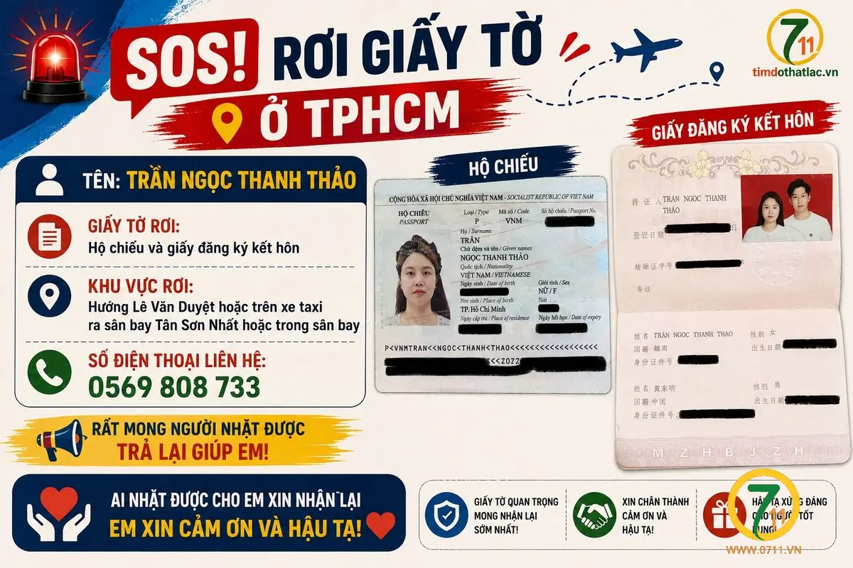 🆘 RƠI GIẤY TỜ ở TPHCM tên TRẦN NGỌC THANH THẢO