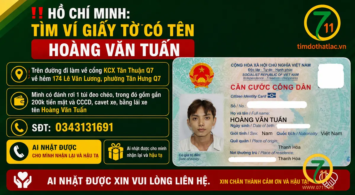 ‼️Hồ Chí Minh : Tìm ví giấy tờ có tên Hoàng Văn Tuấn