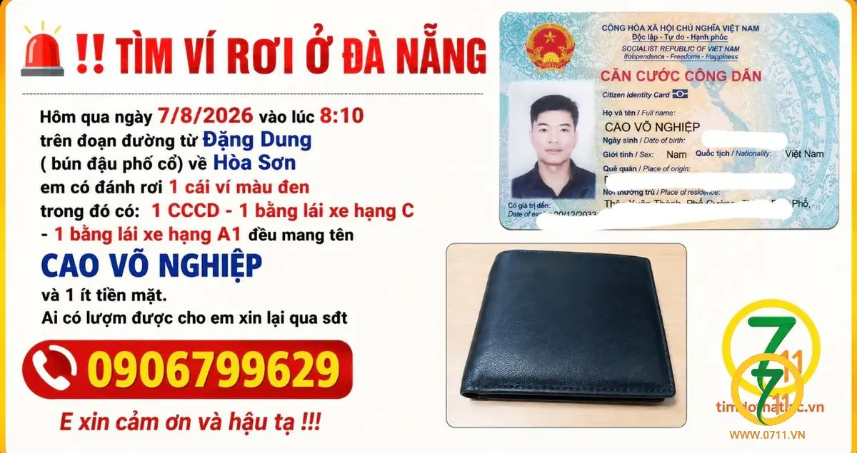 Rơi ví ở Đà Nẵng tên Cao Võ Nghiệp