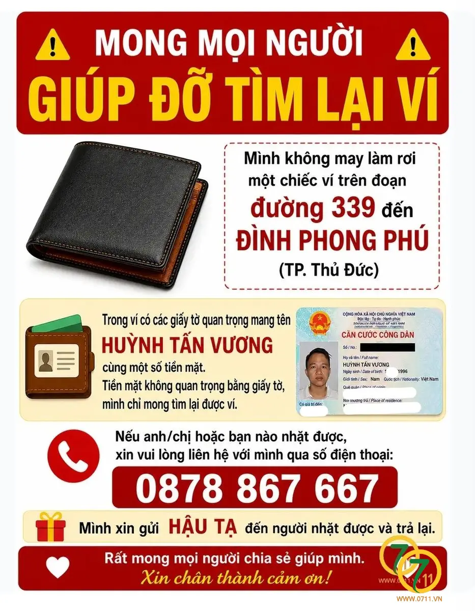 📌 Rơi ví tại TP HCM tên Huỳnh Tấn Vương 1996