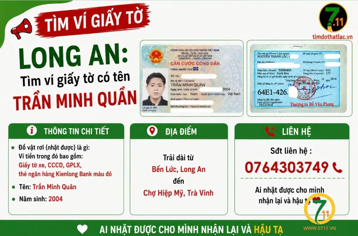 ‼️Long An: Tìm ví giấy tờ có tên Trần Minh Quân