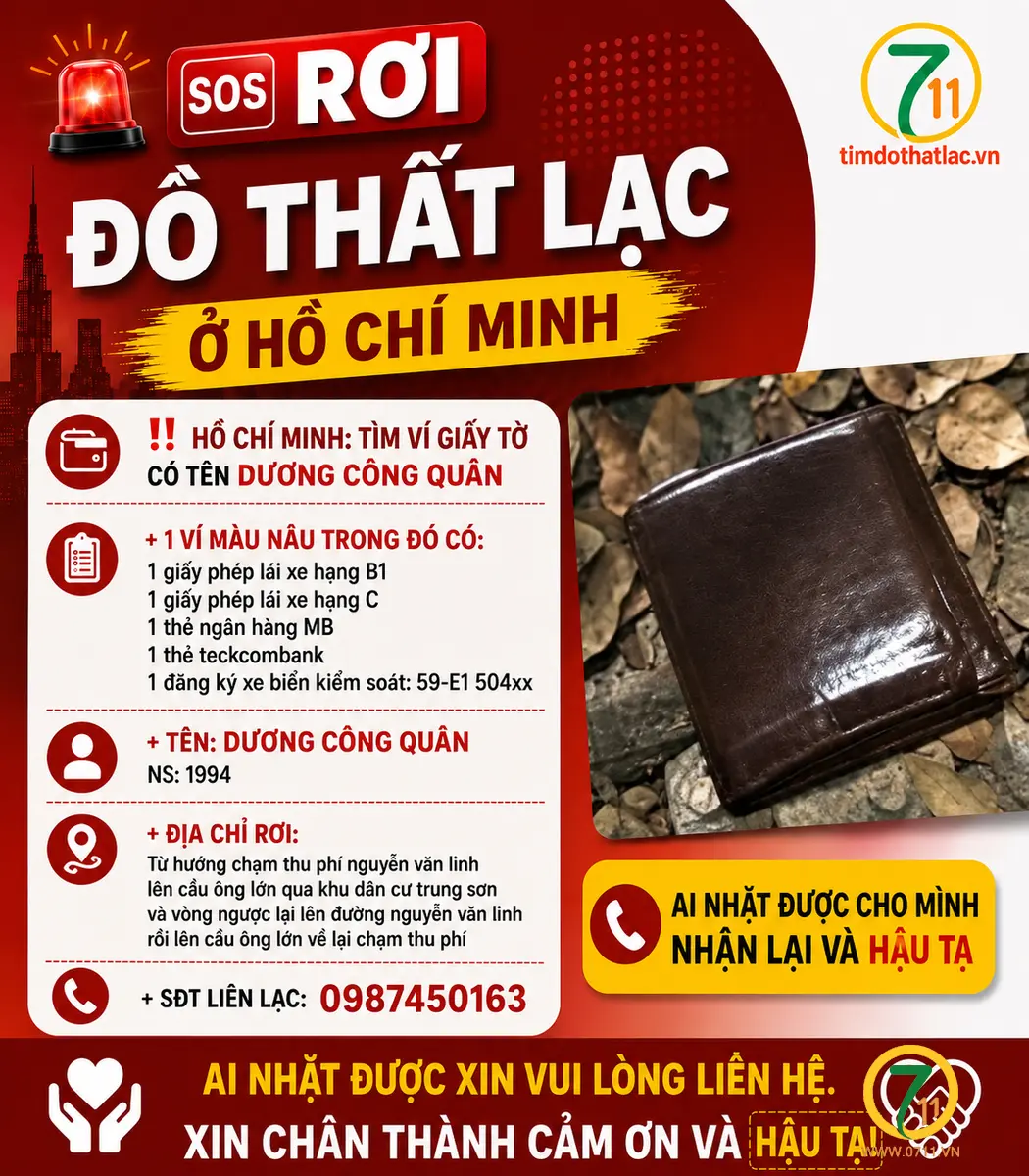 ‼️Hồ Chí Minh: Tìm ví giấy tờ có tên Dương Công Quân