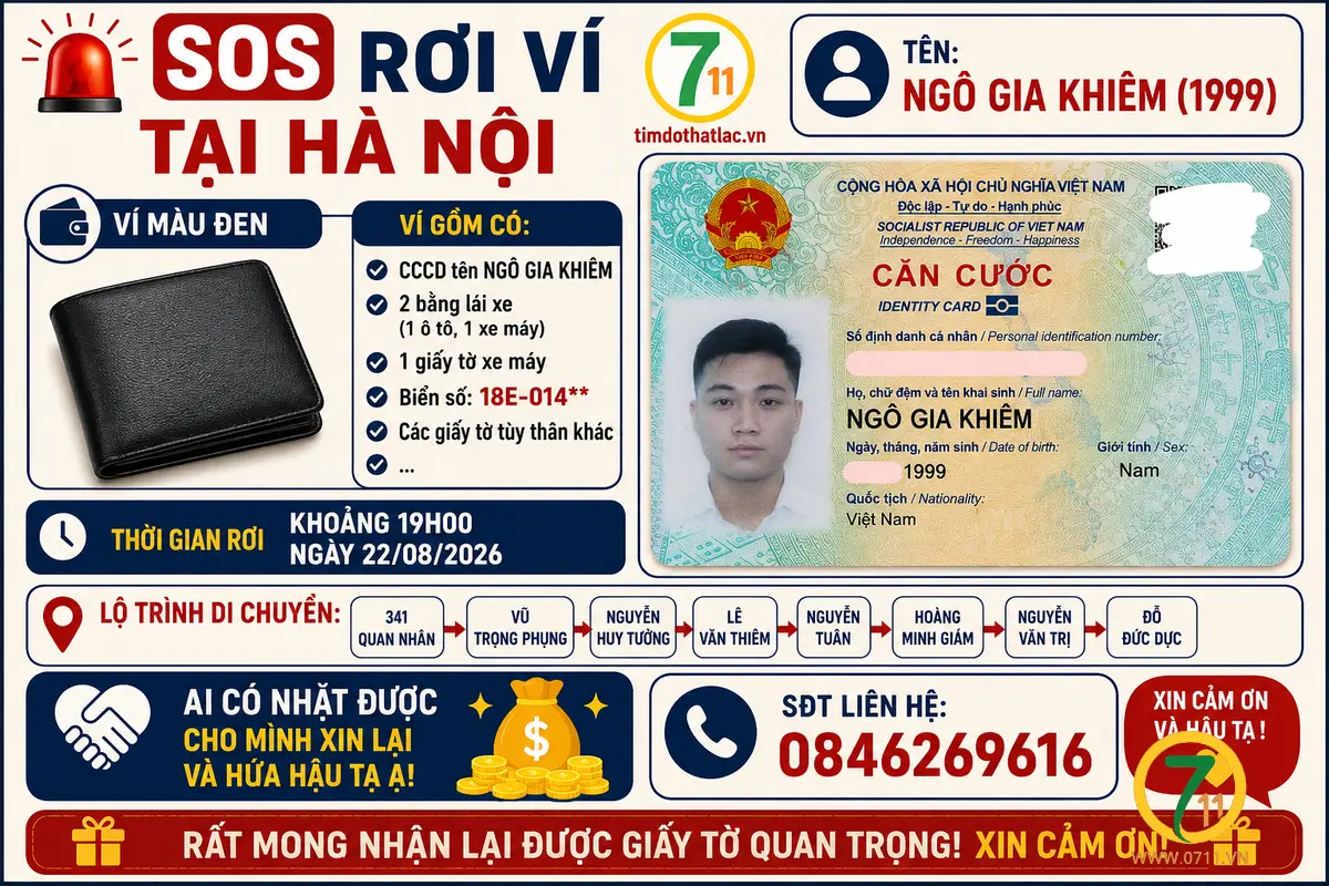 📌 rơi ví tại Hà Nội tên Ngô Gia Khiêm 1999