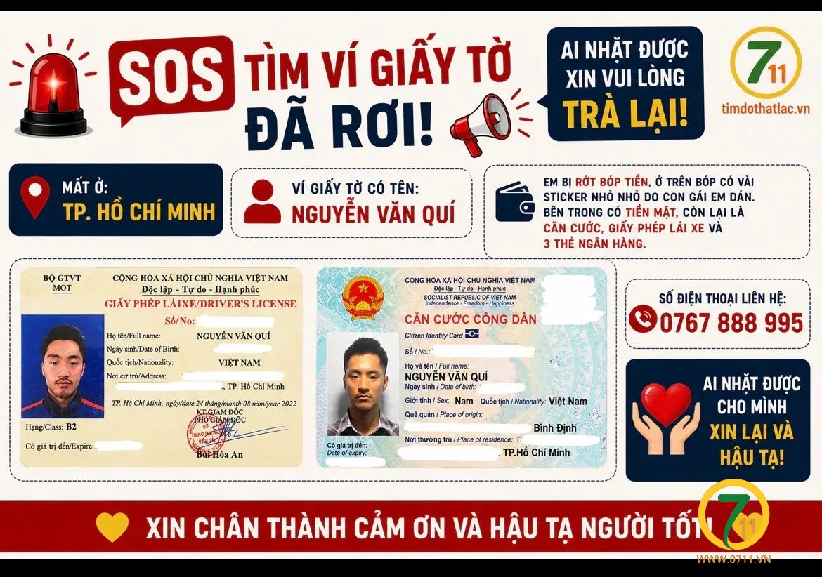 ‼️ Hồ Chí Minh: Tìm ví giấy tờ có tên Nguyễn Văn Quí