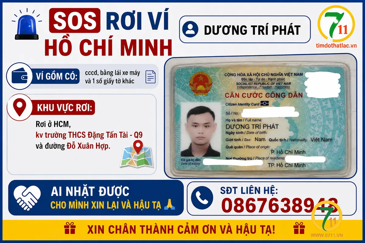 ‼️Hồ Chí Minh:  Tìm ví giấy tờ có tên Dương Trí Phát
