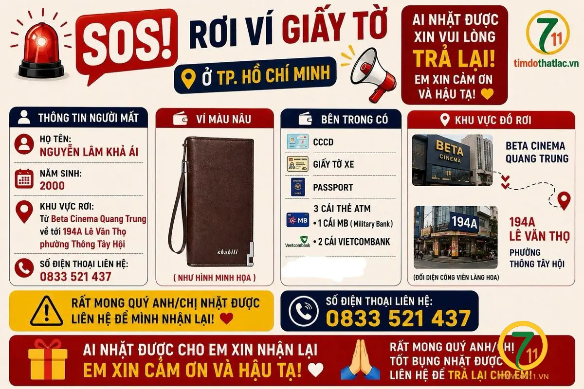 🆘 Rơi ví giấy tờ ở TpHCM tên Nguyễn Lâm Khả Ái, 2000