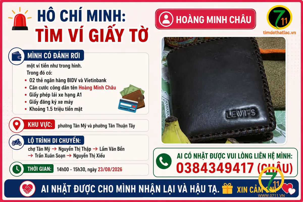 ‼️Hồ Chí Minh:  Tìm ví giấy tờ có tên Hoàng Minh Châu