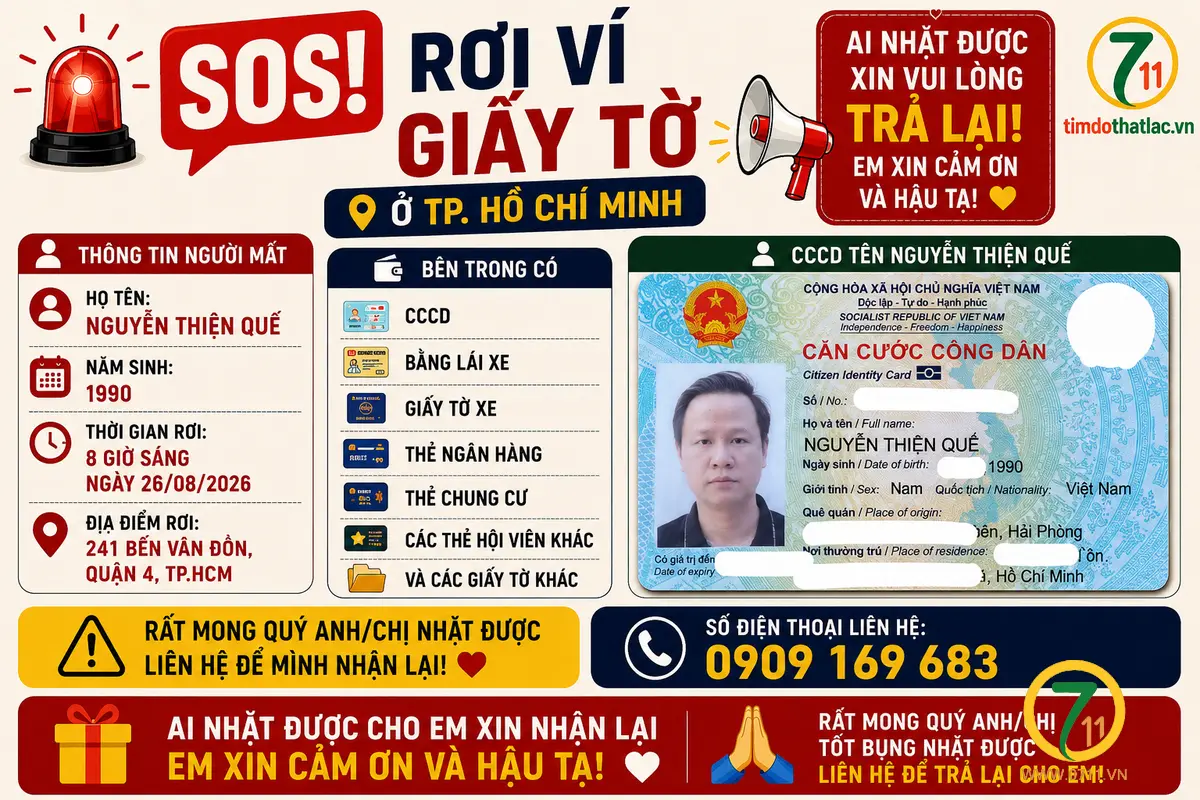 🆘 Rơi ví giấy tờ ở TPHCM tên Nguyễn Thiện Quế - 1990