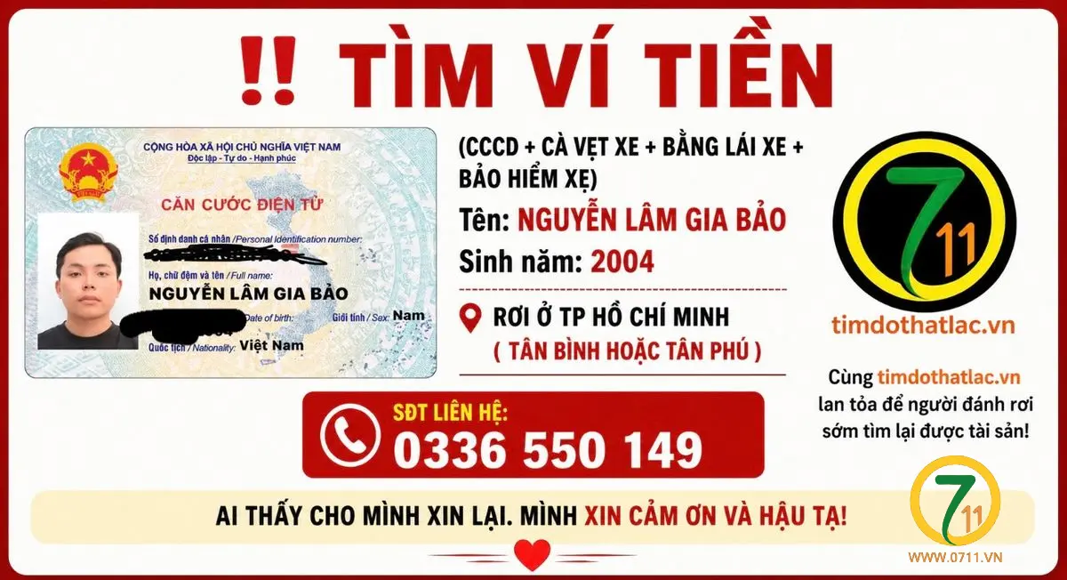 Rơi ví ở Hồ Chí Minh tên Nguyễn Lâm Gia Bảo 2004