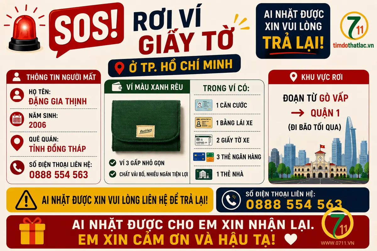 🆘 RƠI VÍ GIẤY TỜ ở TPHCM tên Đặng Gia Thịnh 2006 tỉnh Đồng Tháp