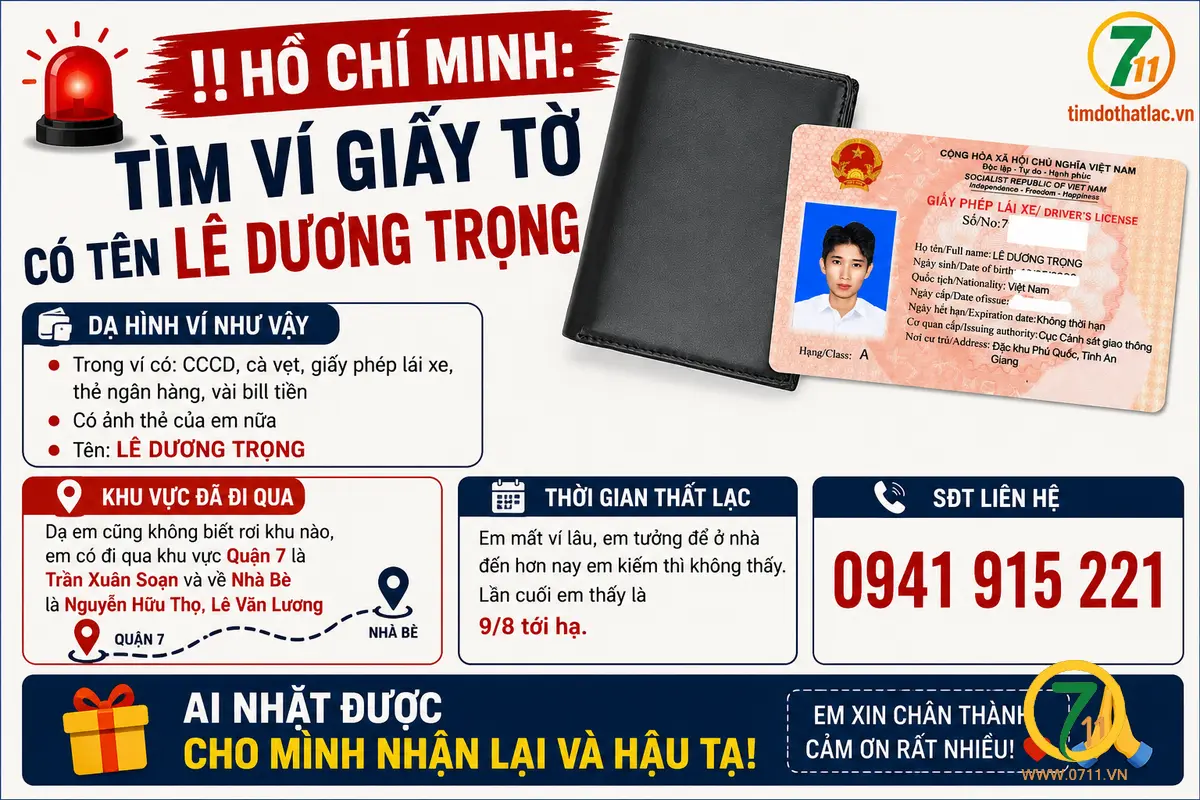 ‼️Hồ Chí Minh:  Tìm ví giấy tờ có tên Lê Dương Trọng
