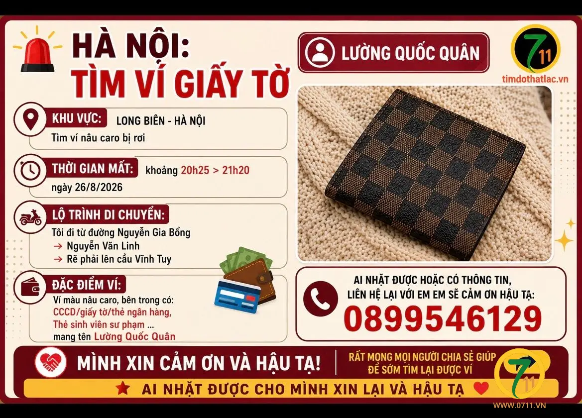 ‼️ Hà Nội : Tìm ví giấy tờ có tên Lường Quốc Quân