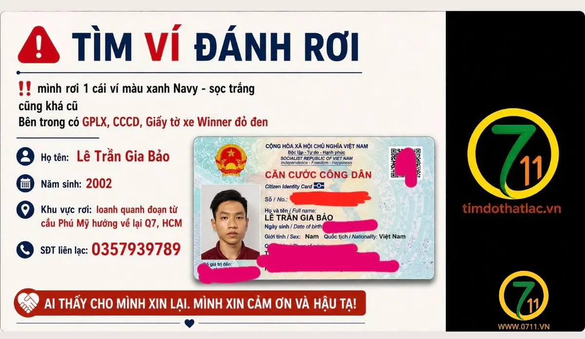 Rơi ví ở Hồ Chí Minh tên Lê Trần Gia Bảo 2002