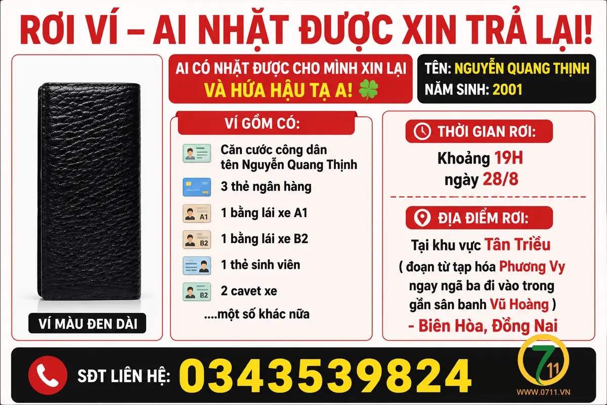 📌 rơi ví tại Đồng Nai tên Nguyễn Quang Thịnh 2001