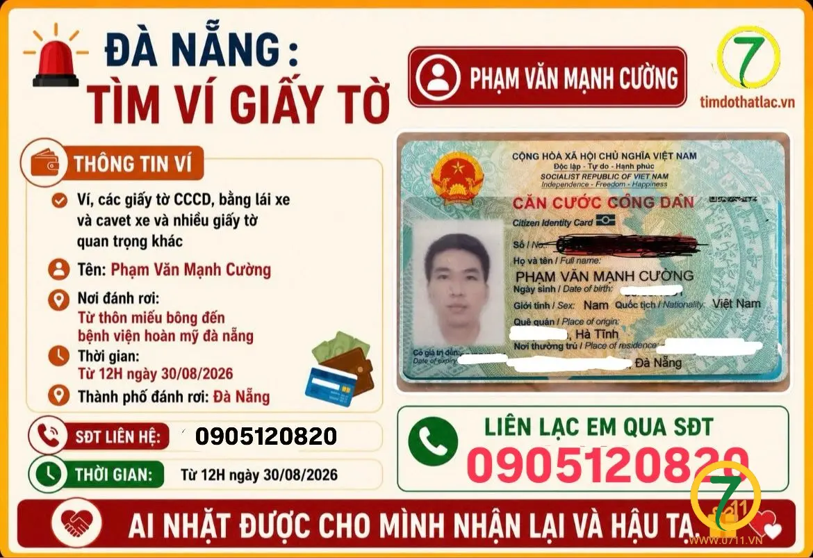 ‼️ Đà Nẵng : Tìm ví giấy tờ có tên Phạm Văn Mạnh Cường